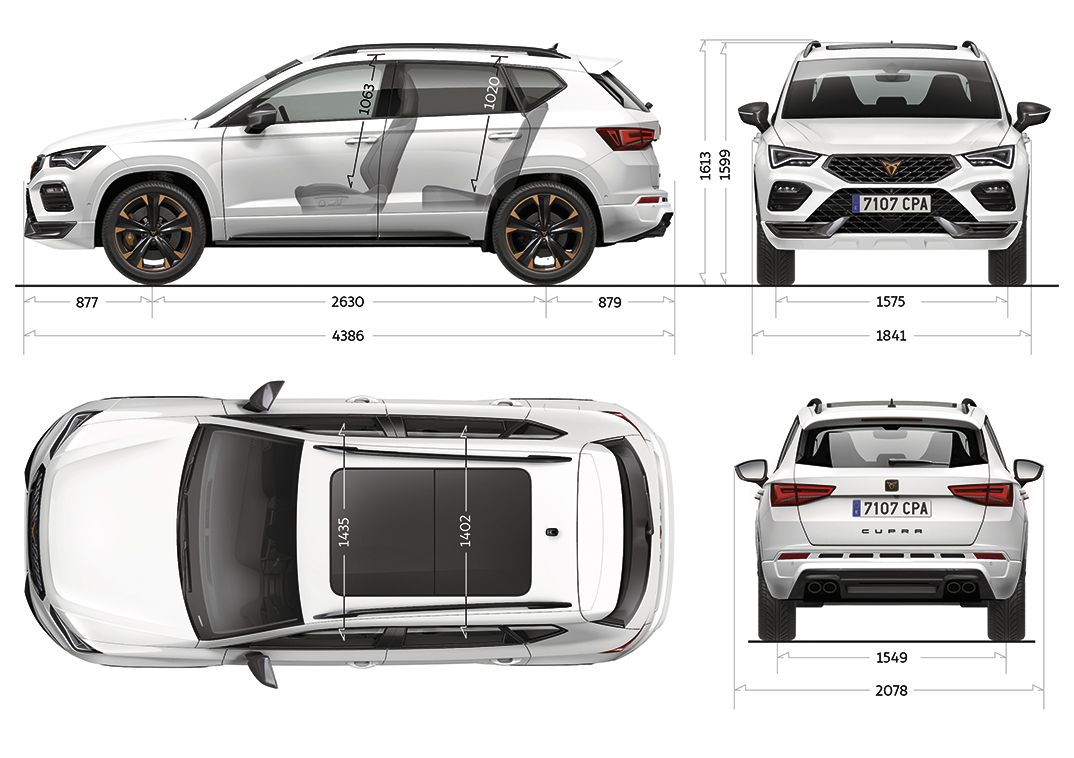 Abmessungen des CUPRA Ateca in Seitenansicht, Vorderansicht, Topansicht und Rückenansicht